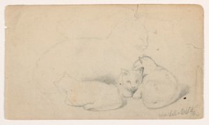 Tegning, Kat og tre killinger; bagside: Arabisk mand sidder og modtager en mand, muligvis efter David Roberts, 1844 af Daniel Huntington