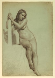 Tegning, Kvindelig nøgen siddende på en skammel, 1858 af Daniel Huntington