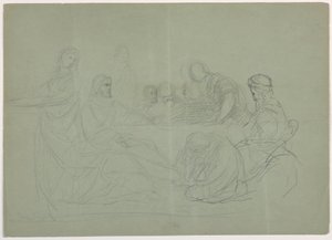 Tegning, Maria vasker Kristi fødder, flere mænd sidder ved et bord; bagside: noter, 1852 af Daniel Huntington