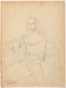Tegning, siddende figur i hofdragt efter Rafaels portræt Jeanne D