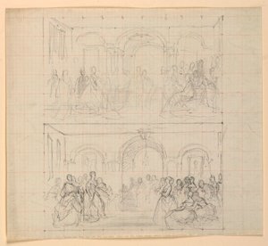 Tegning, to figurkompositioner til maleriet "Lady Washingtons modtagelse", 1860 af Daniel Huntington