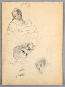 Madonna og barn, skitser efter Leonardo Da Vinci og Fra Bartolomeo af Works in the Uffizi, Firenze