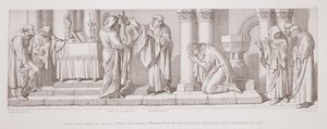 Harold, der er ved at modsætte sig invasionen af William, beder bøn i Waltham Abbey, da det hellige billede mirakuløst hælder frem fra korset, fra 