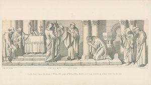 Harold, der er ved at modsætte sig Vilhelms invasion, beder bønner i Waltham Abbey, da det hellige billede på mirakuløs vis hælder sig fremad fra korset af Daniel Maclise