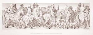 Harold og hans riddere rider til deres indskibningssted ved Bosham, Sussex, fra "The Story of the Norman Conquest", graveret af L. Gruner, 1866 af Daniel Maclise