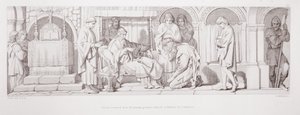 Harold, der er vendt tilbage fra Normandiet, præsenterer sig selv for Edward Bekenderen, fra "The Story of the Norman Conquest", graveret af L. Gruner, 1866 af Daniel Maclise