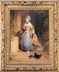 Portræt af Louisa Jane, Markionesse af Abercorn, lille i fuld længde, i en udførligt broderet gul og blå kjole, ved indgangen til et hus, med en spaniel, 1832 af Daniel Maclise