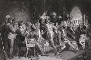The Hall of Glennaquoich - a Highland Feast, graveret af P. Lightfoot, fra "Waverly" af Sir Walter Scott (1771-1832) af Daniel Maclise