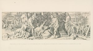 William snubler, da han lander, men griber jorden med hånden og råber, at han således tager den engelske jord i besiddelse, og beroliger således sine tilhængere, der betragtede hans fald som et dårligt varsel. af Daniel Maclise