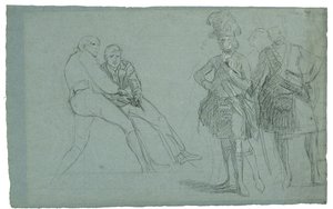 Studie til The Siege of Gibraltar (Studie af oberstløjtnant Lindsay og figurer, der trækker i et reb), ca. 1786-1787 (grafslips og sort/hvid kridt på gråblåt papir) af Daniel Mytens