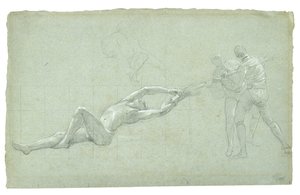 Studie til The Siege of Gibraltar (Studie af reddet figur og to figurer, der trækker på en åre), 1785-1786 (sort og hvidt kridt på grågrønt papir) af Daniel Mytens