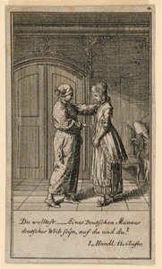 A Father or Guardian Talking to a Girl, Illustration af skuespillet "Not more than sachs Schuesseln" af Fredrich Wilhelm Grossman i "Königl: Grosbrit [anian] genealogical calendar for the 1782 year Lauenberg by J.G. Berenberg" af Daniel Nikolaus Chodowiecki