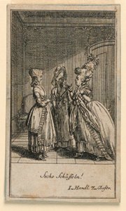 En ældre kvinde, der skælder ud på en pige, illustration af skuespillet "Not more than sachs Schuesseln" af Fredrich Wilhelm Grossman i "Königl: Grosbrit [anian] genealogical calendar for the 1782 year Lauenberg by J.G. Berenberg" af Daniel Nikolaus Chodowiecki