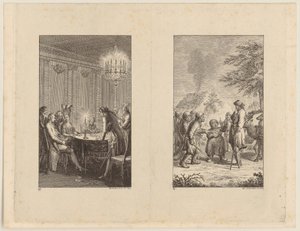 Candide hos en skuespillerinde [til venstre]; Candide i Norge [til højre] af Daniel Nikolaus Chodowiecki
