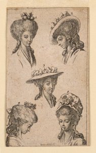 Fem hovedbeklædning, som båret af Berlin Women, illustration til "Königl: Grosbrit [Anische] Genealogisk kalender på 1783 -året Lauenberg Bey J.G. Berenberg" af Daniel Nikolaus Chodowiecki