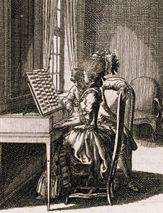 Musik, kvinde, der spiller spinet, af Daniel Nikolaus Chodowiecki (1726-1801), fra Occupations des dames, Tyskland, Polen af Daniel Nikolaus Chodowiecki
