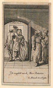 Det ældre par afslutter hovmodigt et besøg, illustration af skuespillet "Not more than sachs Schuesseln" af Fredrich Wilhelm Grossman i "Königl: Grosbrit [nische] genealogical calendar on the 1782 year Lauenberg by J.G. Berenberg" af Daniel Nikolaus Chodowiecki