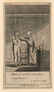 The Slap in the Face, Illustration af Skuespillet "Not more than sachs Schuesseln" af Fredrich Wilhelm Grossman i "Königl: Grosbrit [anian] genealogical calendar for the 1782 year Lauenberg by J.G. Berenberg" af Daniel Nikolaus Chodowiecki