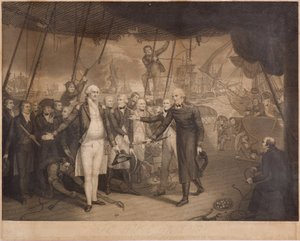 Lord Viscount Duncans sejr og admiral De Winters resignation om bord på den ærværdige, oktober 1797 (stikling)