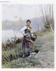 Kvinde vender tilbage fra floden af R. Knight, ca. 1905