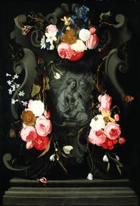 Blomsterkrans med den hellige familie, 1625-27 (olie på kobber)