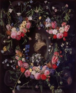 Blomsterkrans omkring en marmorbuste af ærkehertug Leopold Guglielmo, ca. 1647