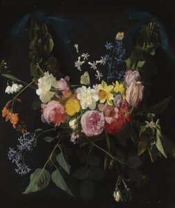Blomsterkrans ophængt i to blå bånd
