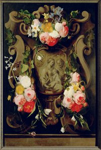 Stilleben med den hellige familie (olie på egetræ) af Daniel Seghers