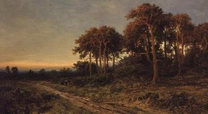 Landskab med to figurer ved solnedgang