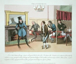 Egoisme, planche 9 fra "The Necessary Qualifications of a Man of Fashion", udgivet 1823 (håndkoloreret akvatint) af Daniel Thomas Egerton
