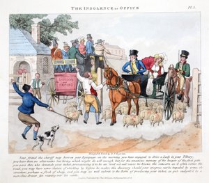 The Insolence of Office, illustration fra "Fashionable Bores or Coolers in High Life" af Peter Quiz, udgivet af Peter Quiz. Thomas McLean, London 1824 (håndkoloreret gravering)