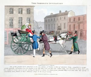 The Pressing Invitation, illustration fra "Fashionable Bores or Coolers in High Life" af Peter Quiz, udgivet af Peter Quiz. Thomas McLean, London 1824 (håndkoloreret gravering)