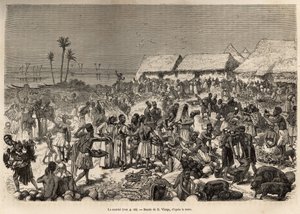 En meget animeret march nær Congo-floden, der samler mere end tre tusinde mennesker, ætset efter en tegning af D.Vierge, der illustrerer David Livingstones sidste dagbog (1813-1873), i 1866-1873, udgivet i "Le tour du monde" 1875, redigeret af Edouar af Daniel Urrabieta Vierge