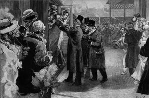 Louise Michel vendte tilbage til Frankrig (1830-1905) efter sin deportation for sin deltagelse i Pariserkommunen. Den blev budt velkommen på Saint Lazare station (Saint-Lazare) af Henri Rochefort (1831-1913), Louis Blanc (181-1882) og George Clemenceau (18