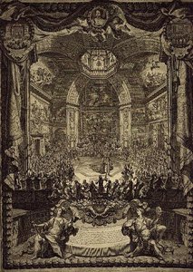 Den store fest for H.R.H. prinsessen af Orange, fejret i december 1686 i Salon du Bois i Haag, til ære for prinsen af Oranges fødselsdag (stik) af Daniel the Elder Marot