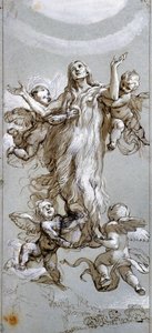 Maria Magdalenas antagelse guidet af engle Tegning af Daniele Crespi (1598-1630) 1600-tallet Madrid, Prado Museum