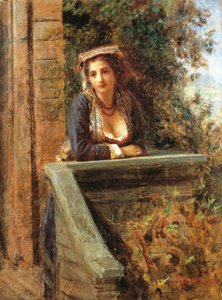Ung pige ved vinduet eller ung kvinde på balkonen, af Daniele Ranzoni (1843-1889), olie på papir monteret på træ, 44x33 cm