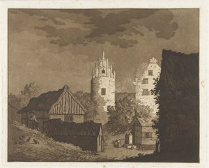 Landsbyudsigt med kvinde ved pumpen
