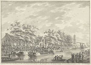 Amsterdammers ankomst til Utrecht, 1787 Udsigt over ankomsten af ​​Amsterdam-borgerne ved Utregt ved De Rooy Brug. Efter Den Dom at se. 1787. (titel på objekt)