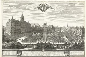 Bevæbnede mænd på Dam-pladsen under Amsterdam-messen, 1686 Amsterdam Fair viser Burgery in the Weapons, sig Præsenterer aaen de Groot Agtb: Heeren Burgermeesteren (titel på objekt) Foire d