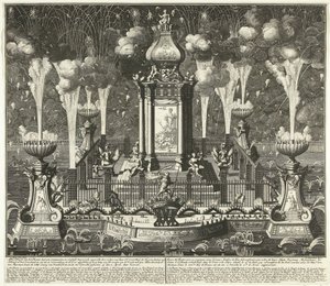 Fyrværkeri ved fejringen af ​​Utrecht-traktaten, 1713 Billede af teatret med syn ornamenter og constigh fyrværkeri, opført af ordere van Haar Ed. Groot Mog: Heeren Staten van Holland og West Vriesland (...) i Haag, i vyver ( af Daniël Stopendaal