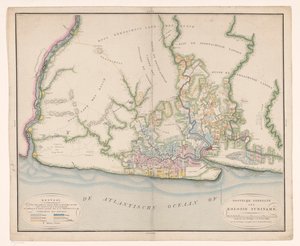 En del af et kort over Surinam Generelt kort over kolonien Surinam, hovedsageligt afbilder de nuværende bygninger i denne koloni af Daniël Veelwaard (I)