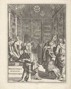 Biblioteksinteriør med præster Titelblad for: Bibliotheque des Authors Ecclesiastiques, uden årstal af Daniël met de Penningen