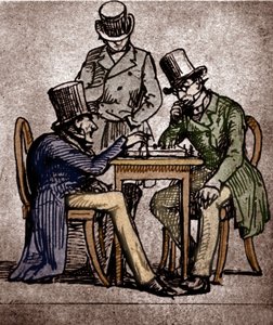 Søren Kierkegaard spiller skak (pen og blæk med vask på papir)