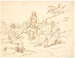Bibelsk scene: Kristus siddende med tre apostle på et bjerg