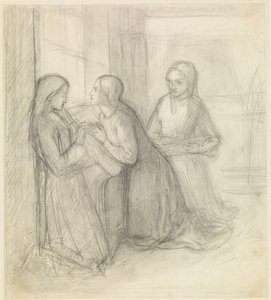 (Muligvis) Sankt Elizabeth af Ungarn knælende med sine ledsagere Isentrudis og Guta af Dante Gabriel Charles Rossetti