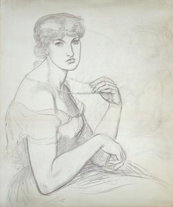 En siddende kvinde holder en halskæde, til højre en anden kvindeskikkelse, af Dante Gabriel Charles Rossetti