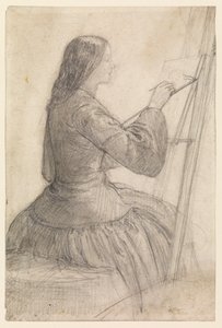 Elizabeth Siddal siddende ved et staffeli, maleri, 1854-55 ca af Dante Gabriel Charles Rossetti