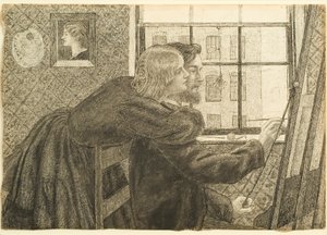 G P Boyce med Fanny Cornforth i Rossettis Studio, Chatham Place, ca. 1858 (blæk på papir) af Dante Gabriel Charles Rossetti