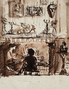 Lizzie Siddal og Woolner i et imaginært rum (pen, blæk og lakering)